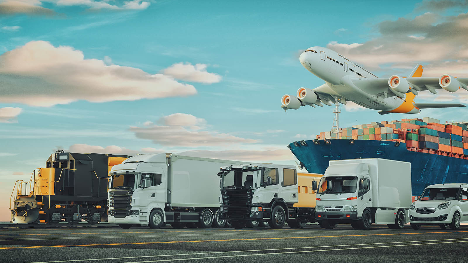 Rail, road, air and sea freight vehicles shown together