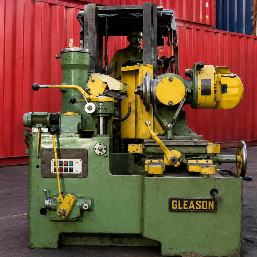 Industrial gear-cutting machine lifted on a forklift beside a shipping container