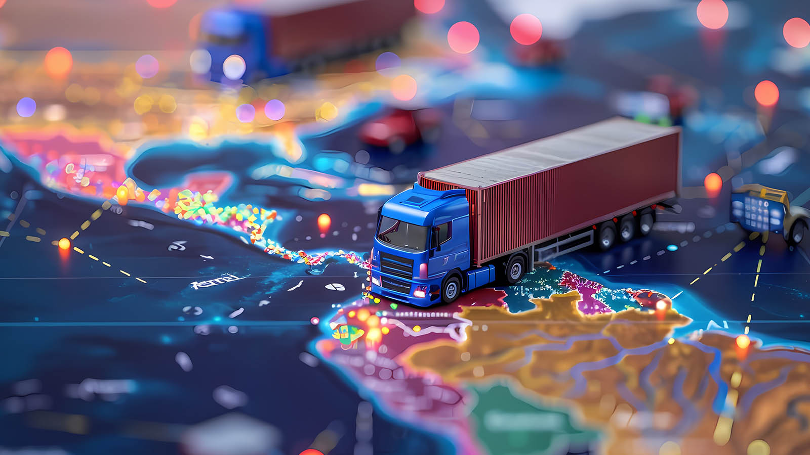 Illustration of a container truck on a world map marked with trade routes