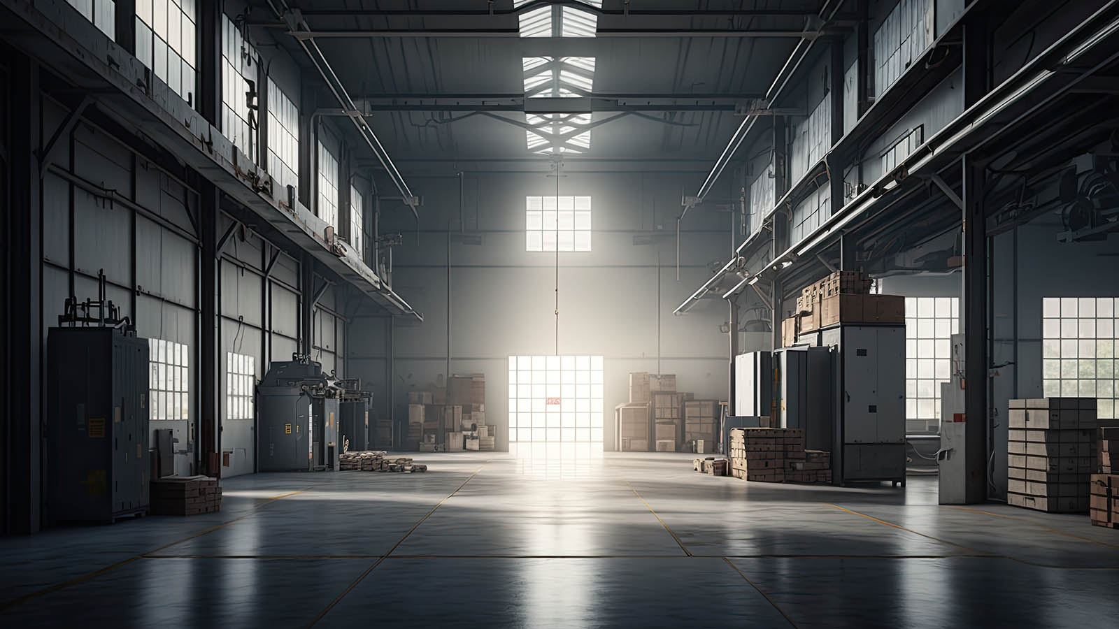 Interior of a warehouse with goods stacked along the walls